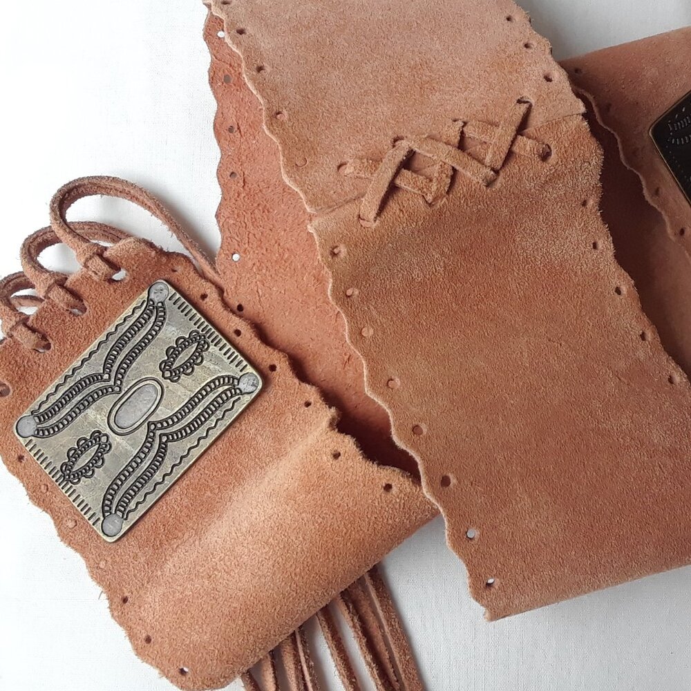 Genuine Suede Wide Boho Tie Hip Belt With Fringe and Bronze Medallions NEW